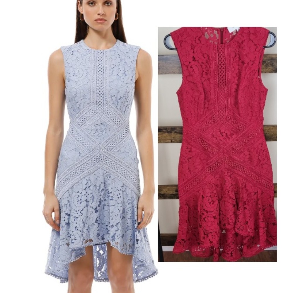NWT Lover the label Melody red raspberry floral lace flare high-low dress size 4